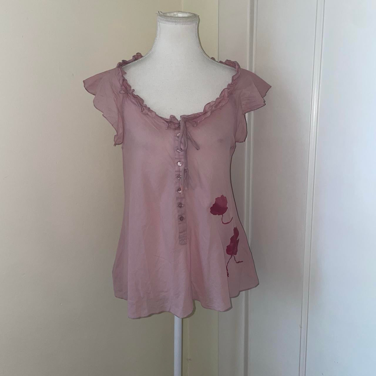 Cop. Copine sheer light pink floral flutter sleeve top | mid-2000s