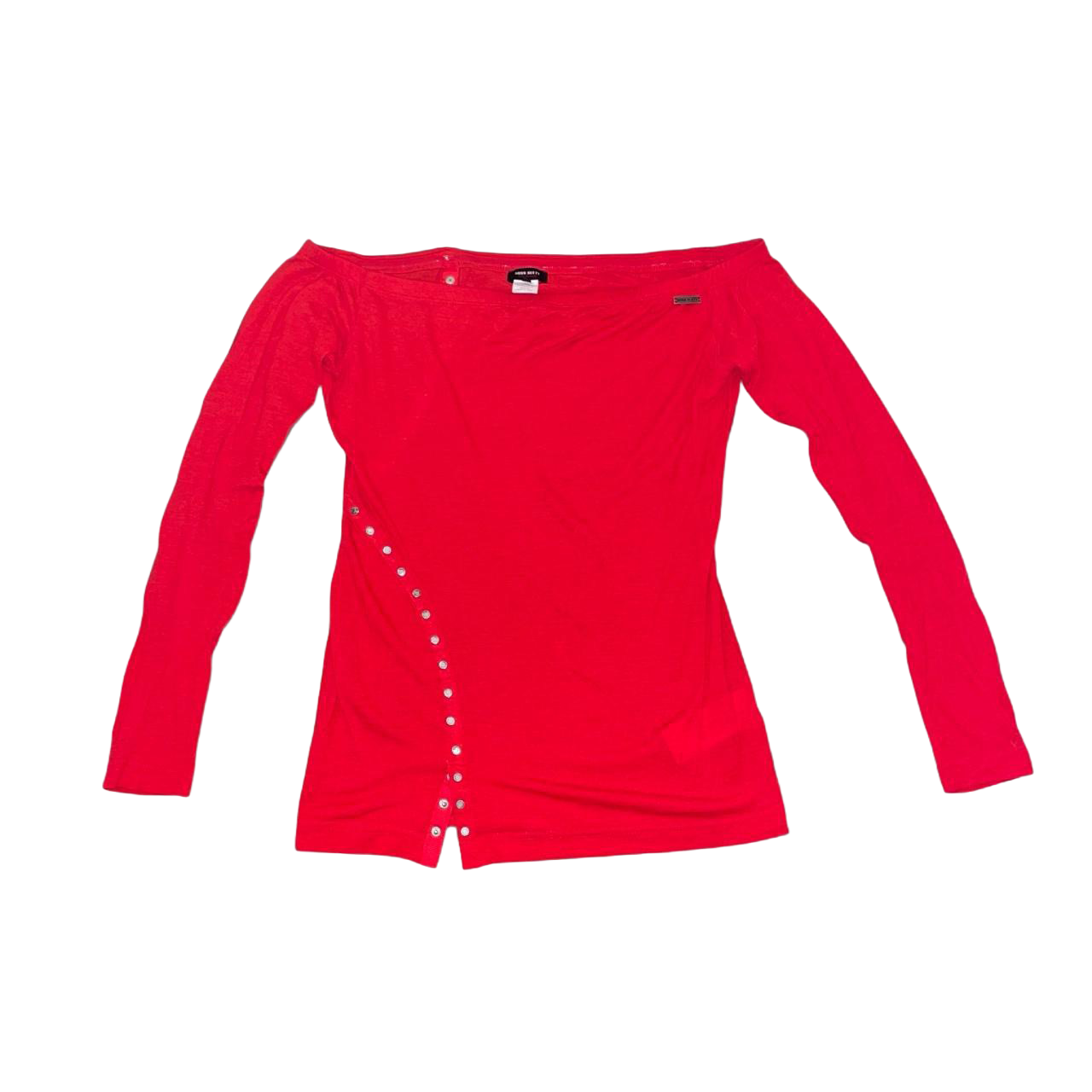 Miss Sixty red off the shoulder top with snap button detailing | late-2000s