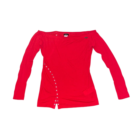 Miss Sixty red off the shoulder top with snap button detailing | late-2000s