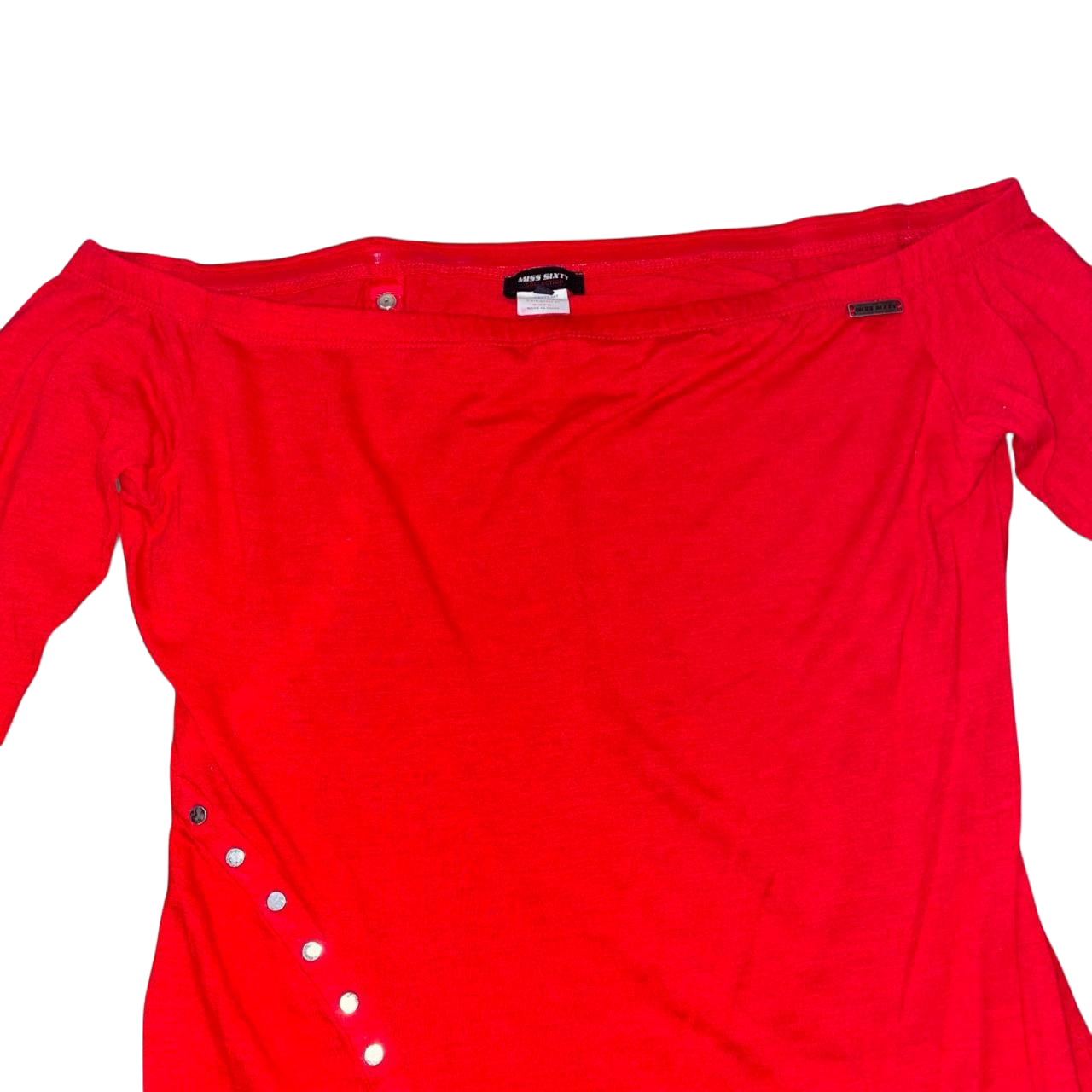Miss Sixty red off the shoulder top with snap button detailing | late-2000s