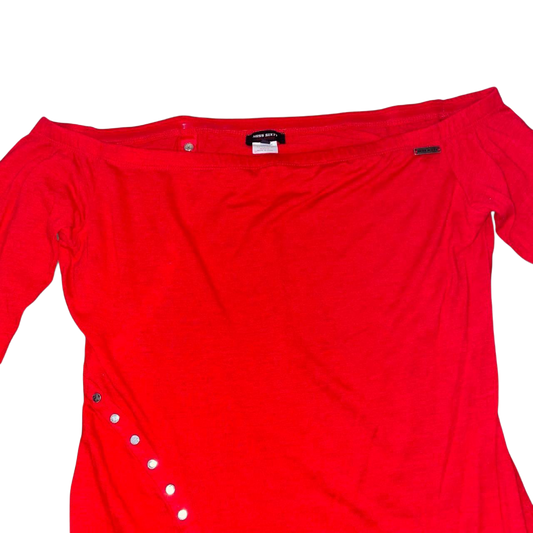 Miss Sixty red off the shoulder top with snap button detailing | late-2000s