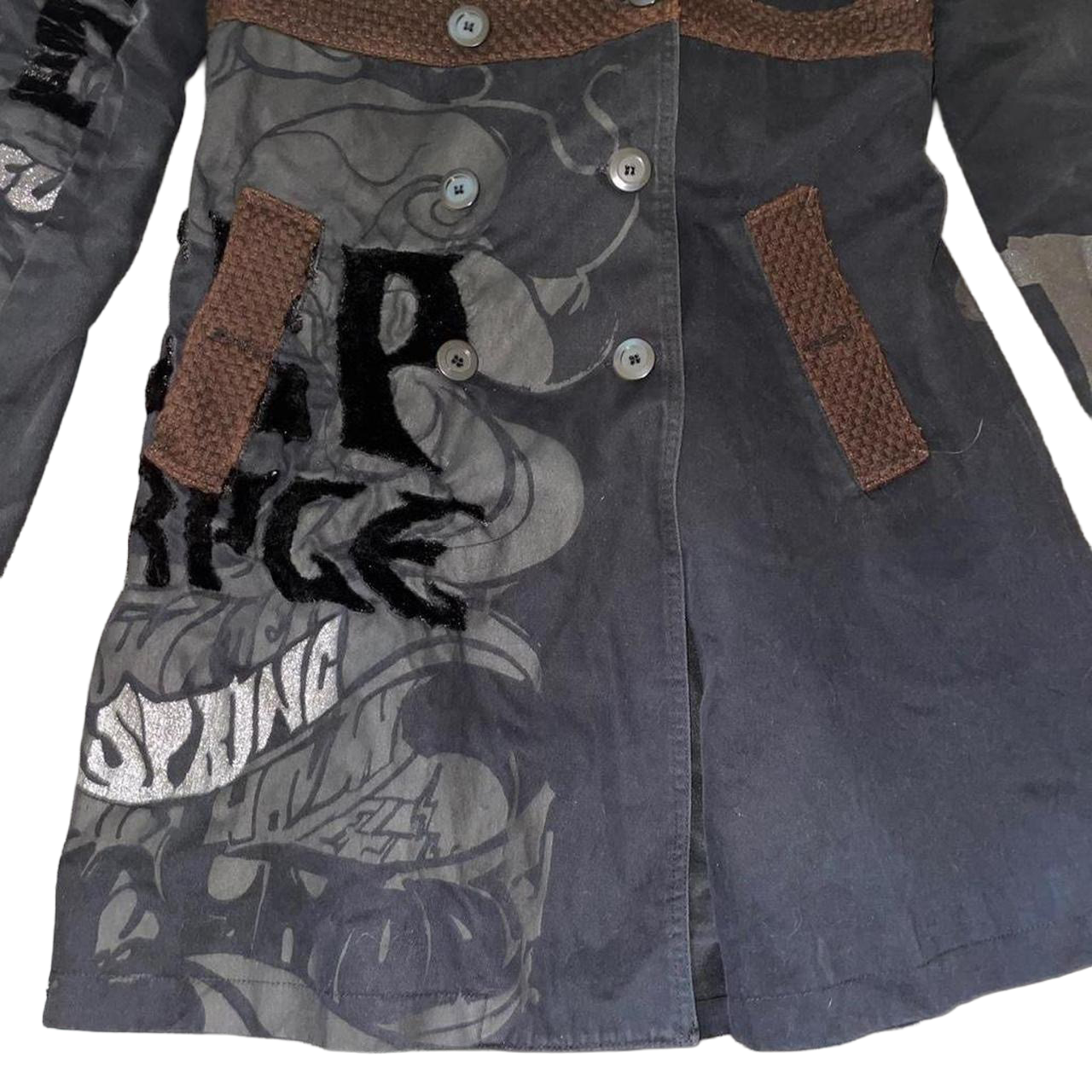 Custo Barcelona black graphic double breasted trench