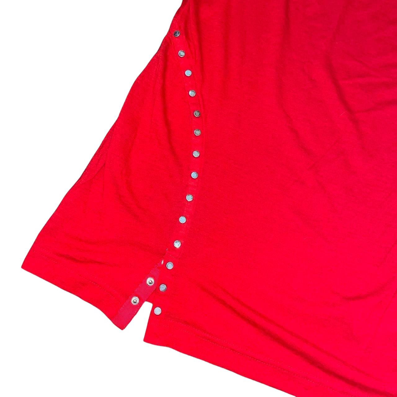 Miss Sixty red off the shoulder top with snap button detailing | late-2000s