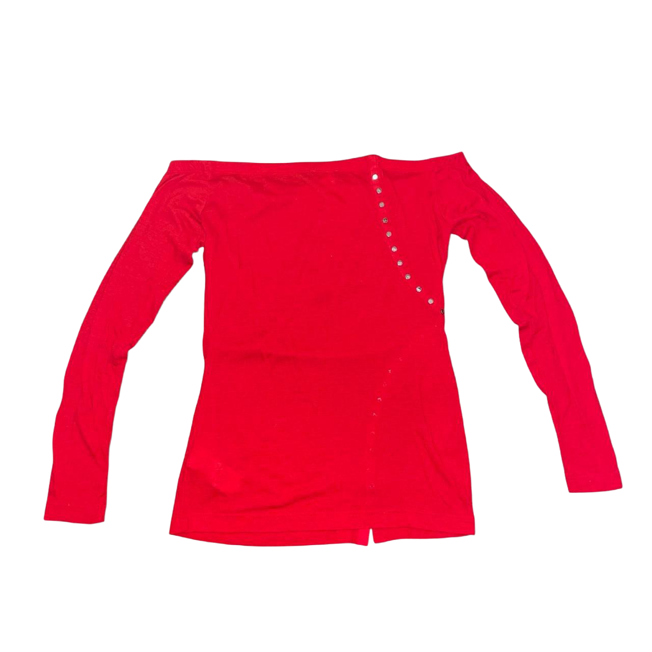 Miss Sixty red off the shoulder top with snap button detailing | late-2000s