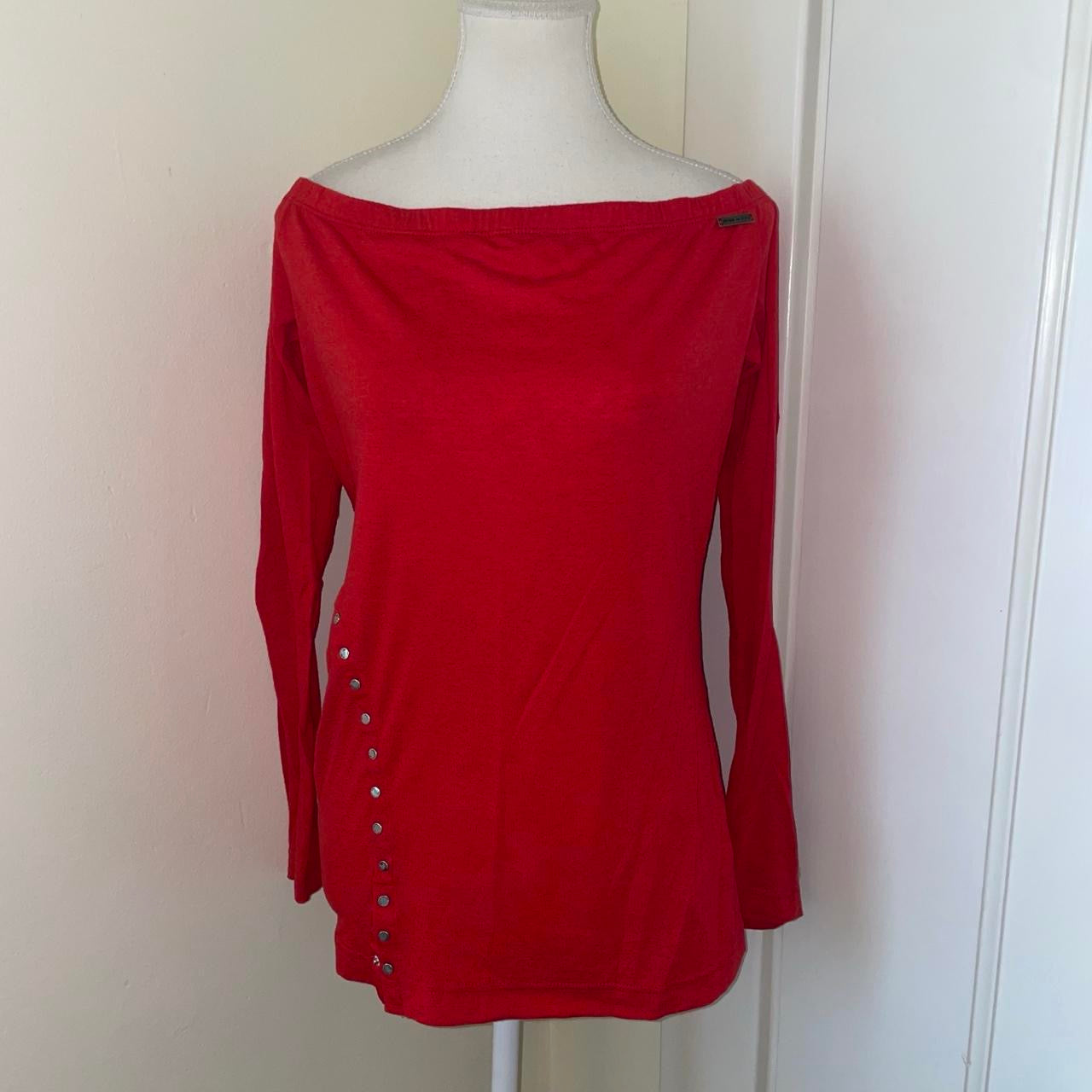 Miss Sixty red off the shoulder top with snap button detailing | late-2000s