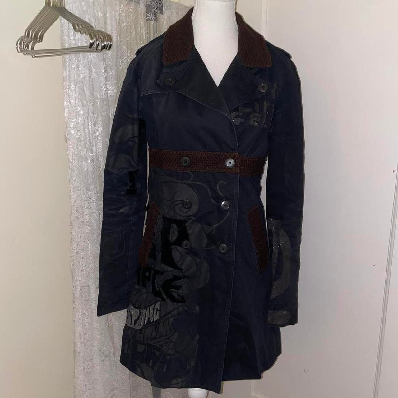 Custo Barcelona black graphic double breasted trench