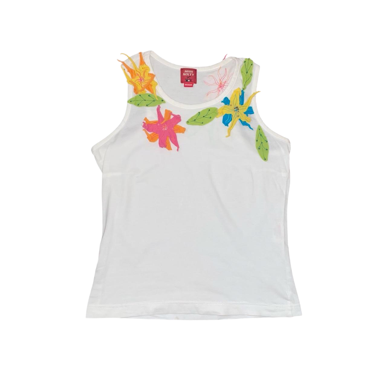 Miss Sixty white tank with floral appliqués | early-2000s