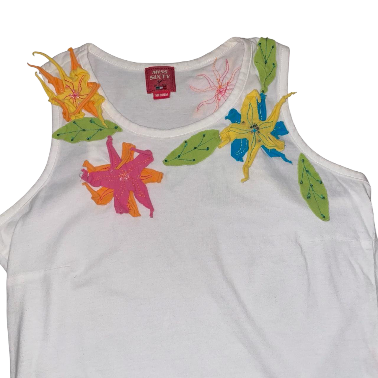 Miss Sixty white tank with floral appliqués | early-2000s