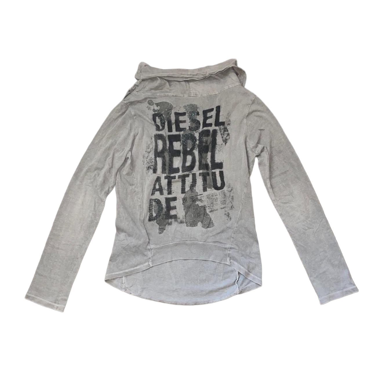 Diesel gray cowl neck graphic long sleeve with front pocket and button detailing