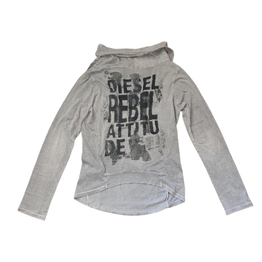 Diesel gray cowl neck graphic long sleeve with front pocket and button detailing