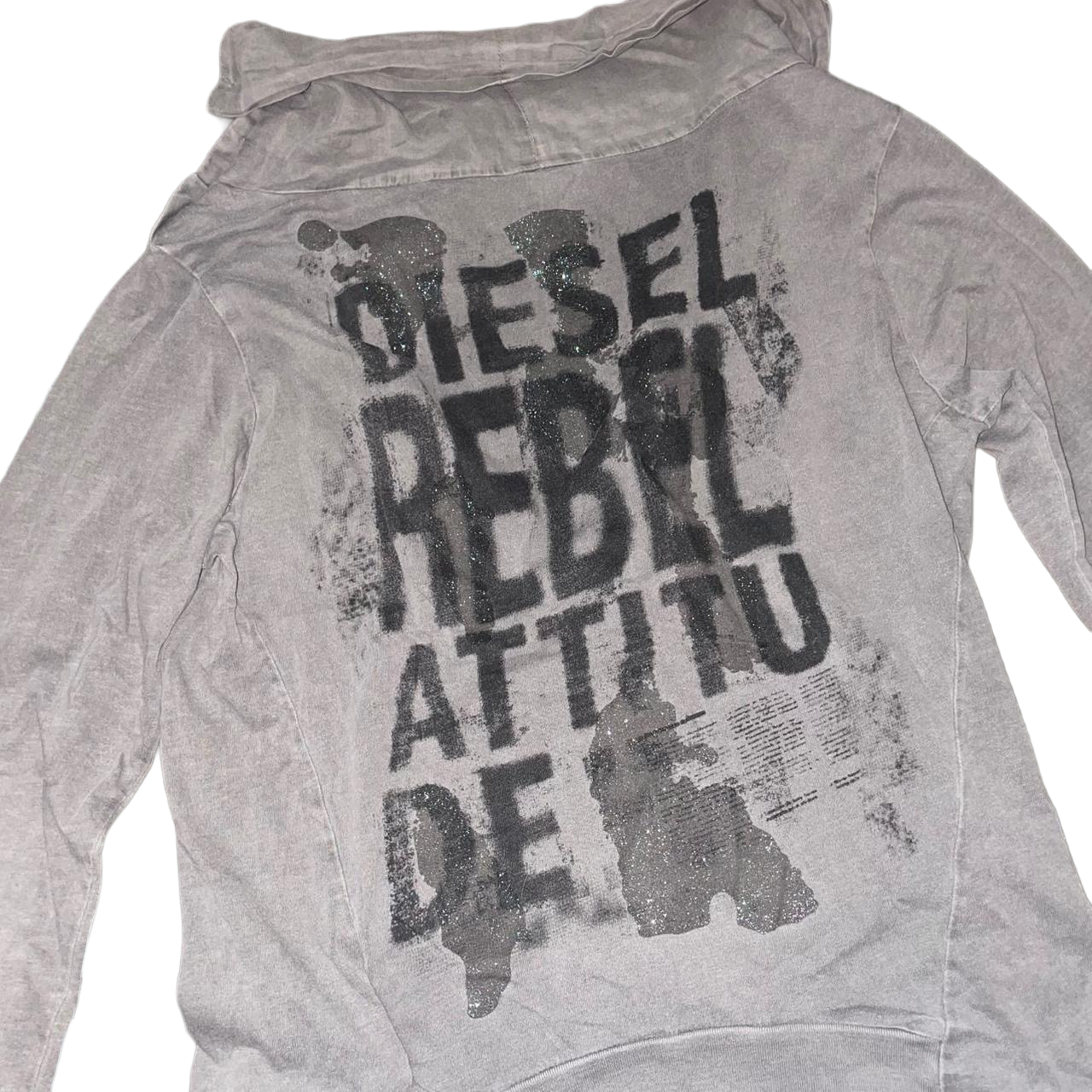 Diesel gray cowl neck graphic long sleeve with front pocket and button detailing
