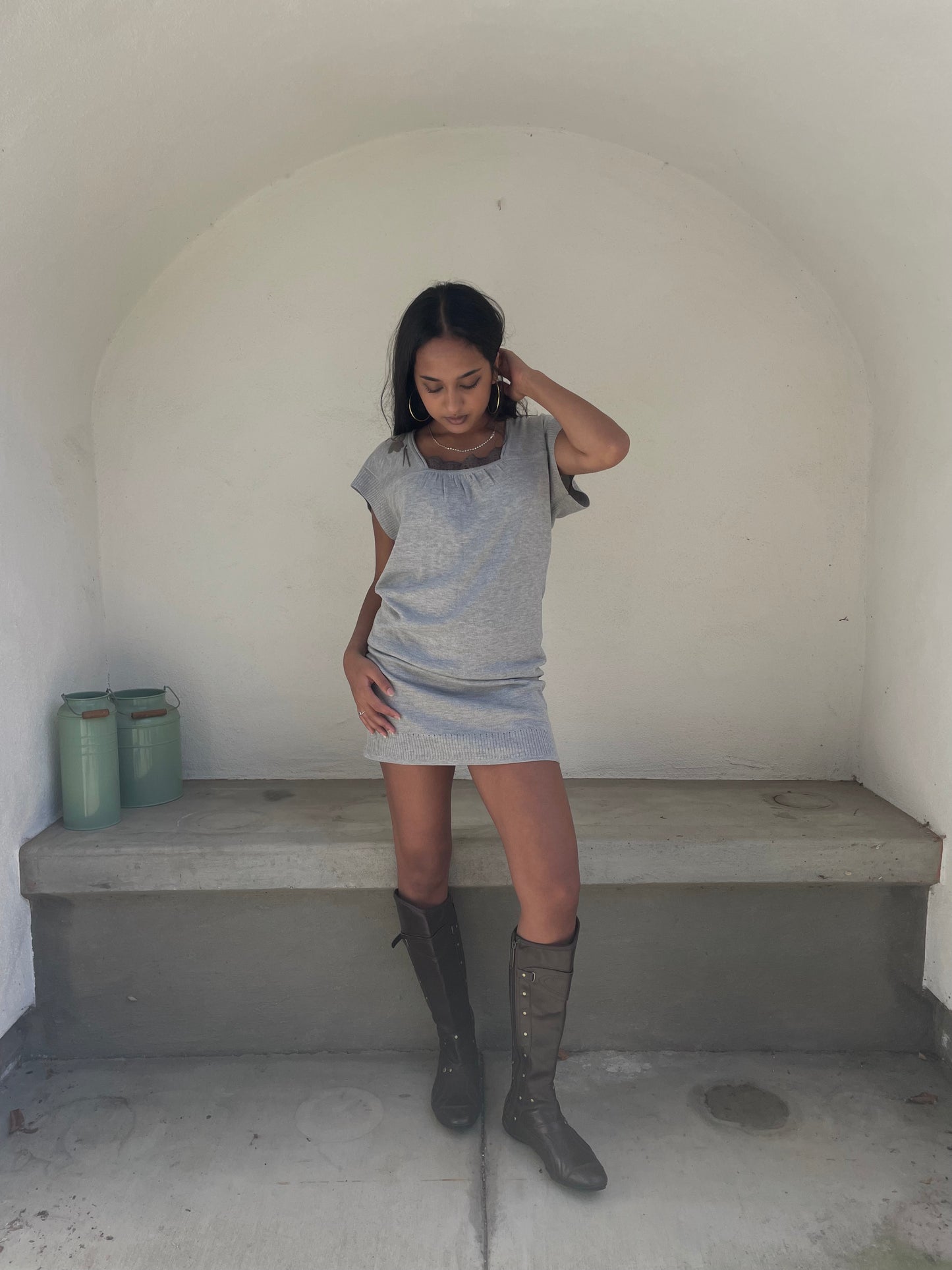 Cop. Copine gray embroidered sweater dress