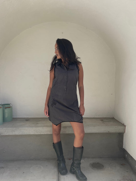 Cop. Copine gray pinstripe button up bubble midi dress