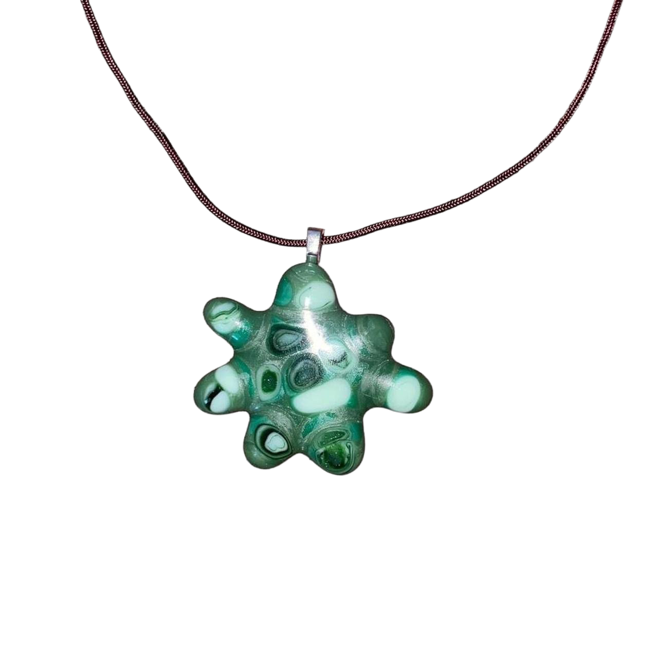 Handmade green swirled abstract glass pendant necklace