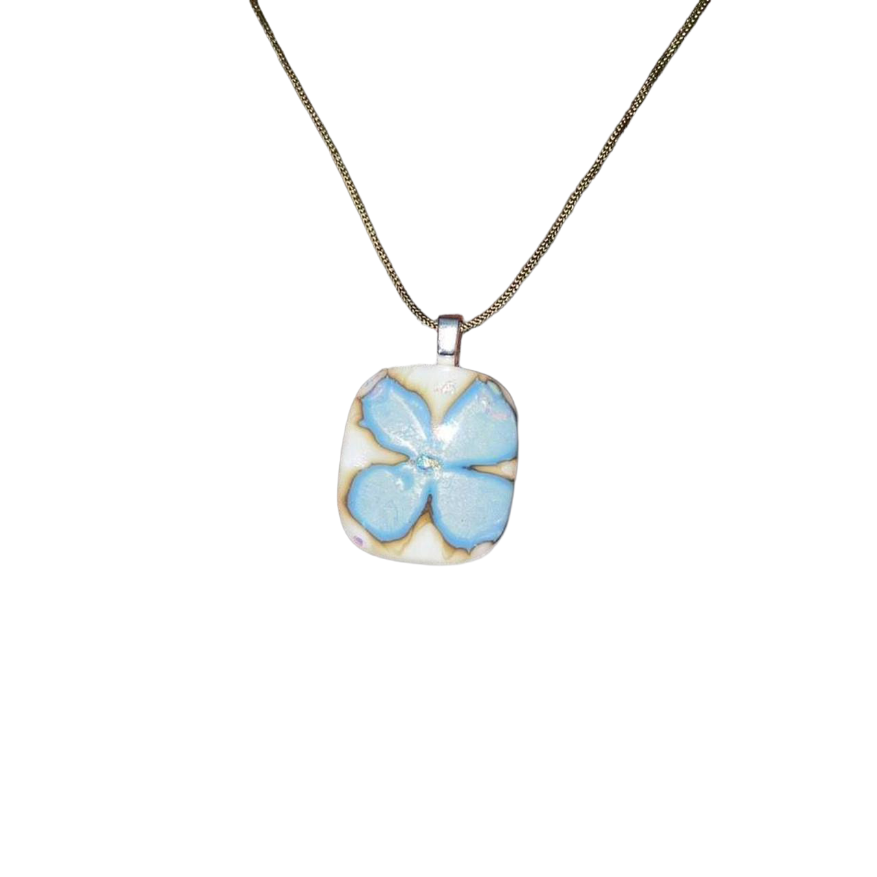 Handmade iridescent silver flower glass pendant necklace