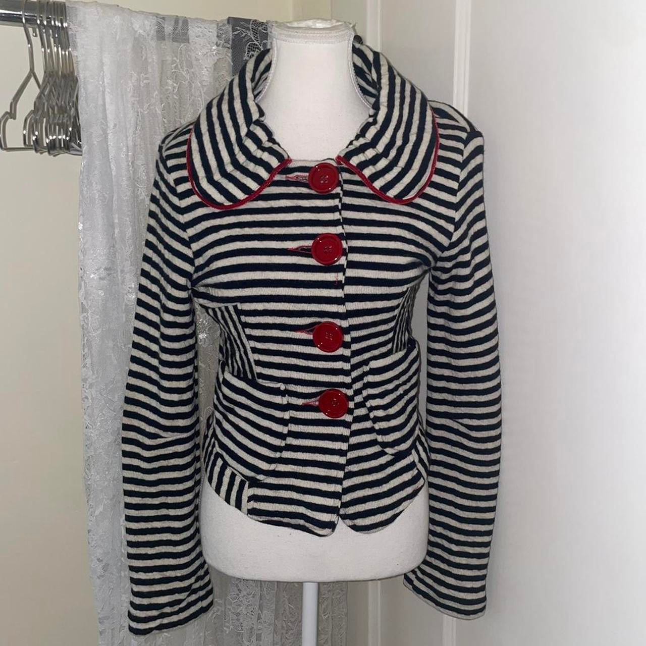 Vintage european black and white striped peacoat with red trim