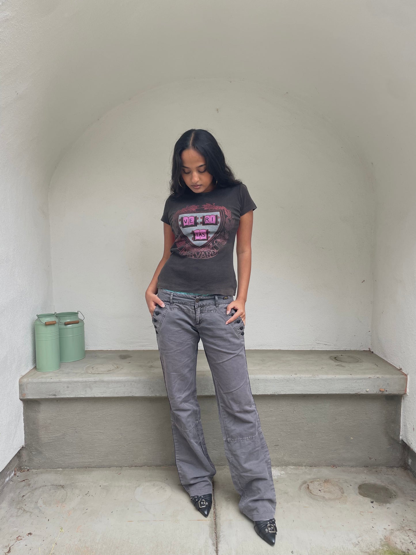 Diesel dark gray low waisted boot cut pants with button detailing