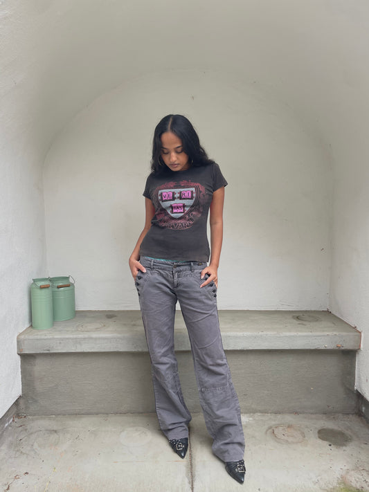 Diesel dark gray low waisted boot cut pants with button detailing