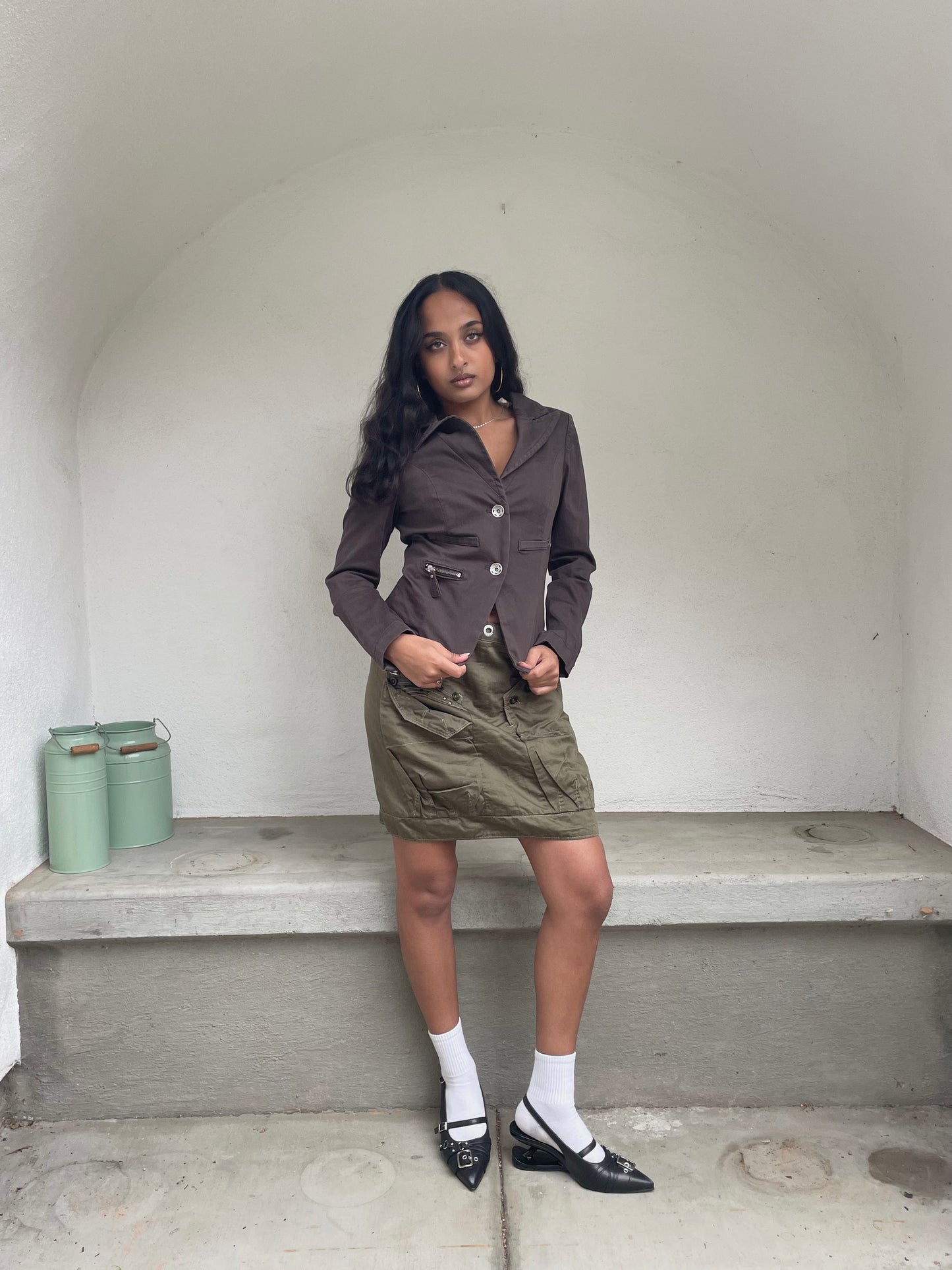 Marithe + Francois Girbaud khaki green subversive utilitarian midi skirt