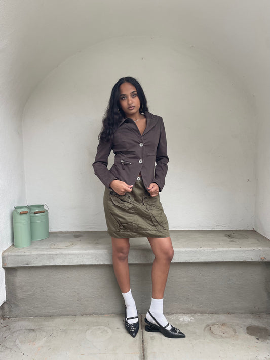 Marithe + Francois Girbaud khaki green subversive utilitarian midi skirt