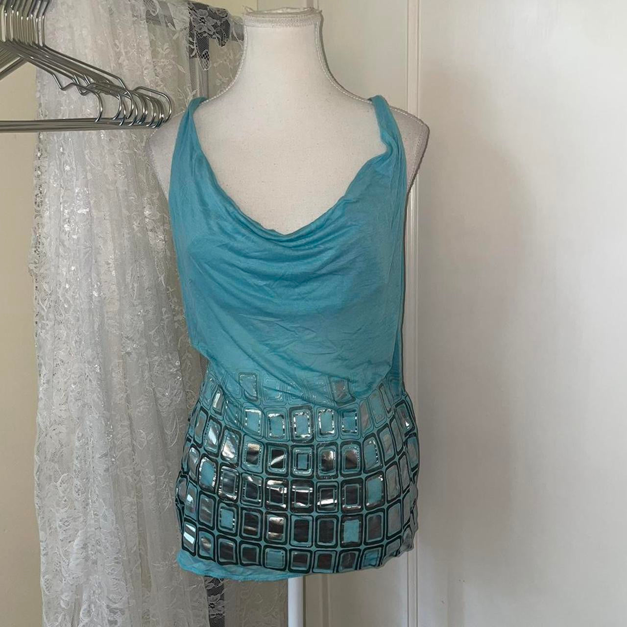 Miss Sixty light blue graphic cowl neck cami
