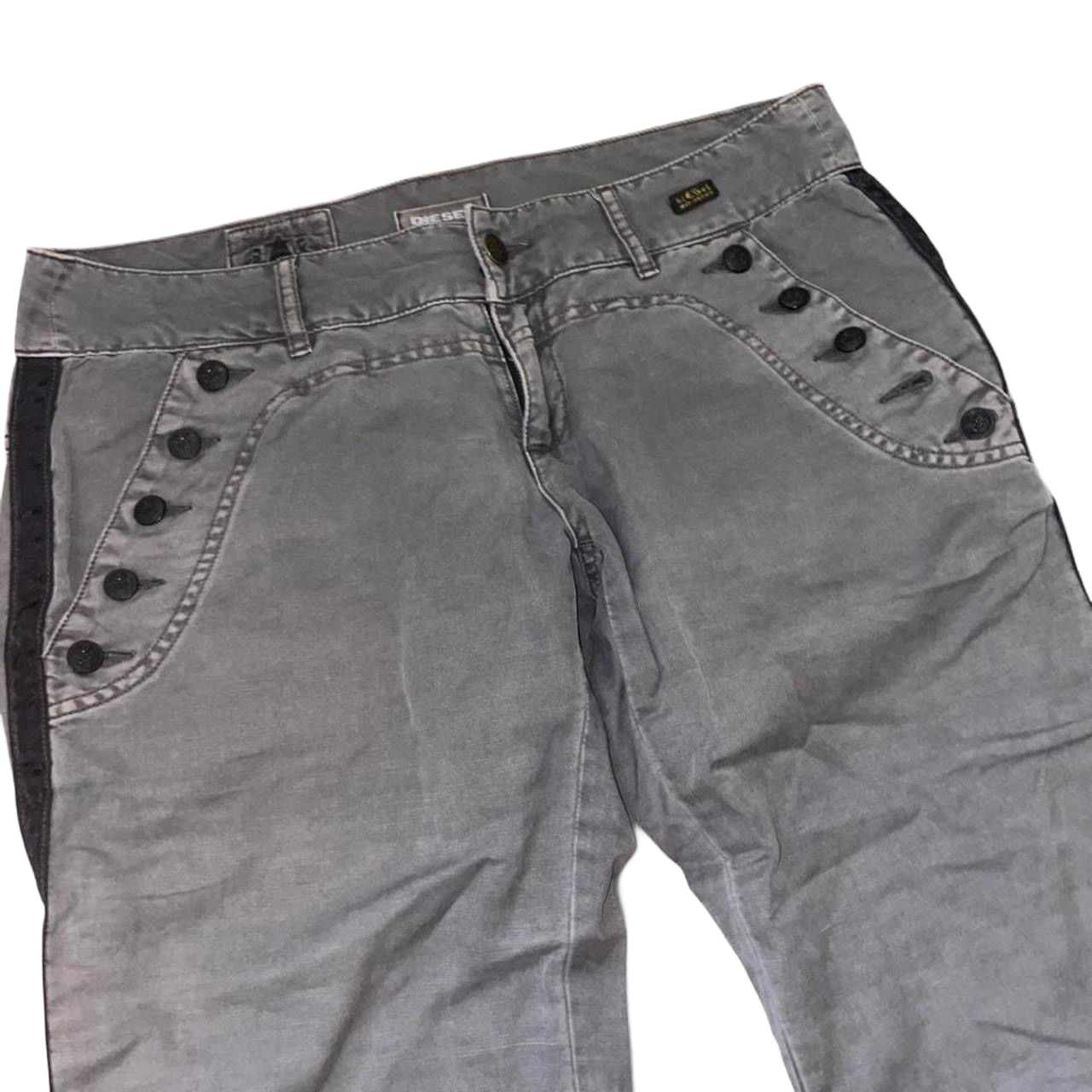 Diesel dark gray low waisted boot cut pants with button detailing