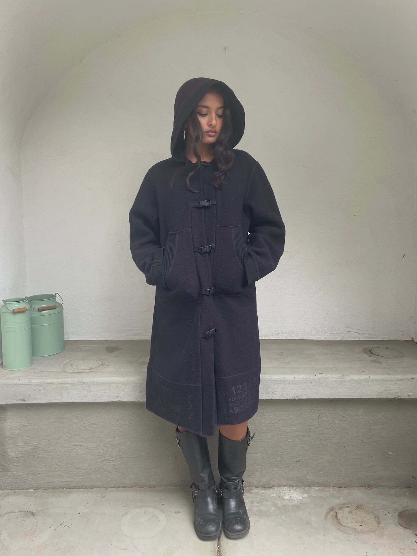 Cop. Copine deep purple wool hooded trench with buckle closure
