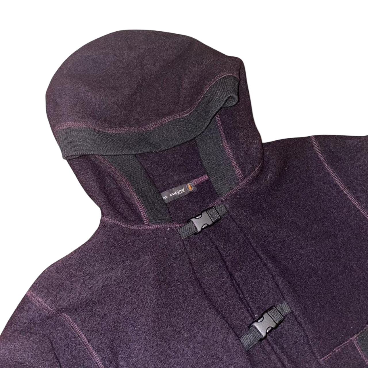 Cop. Copine deep purple wool hooded trench with buckle closure