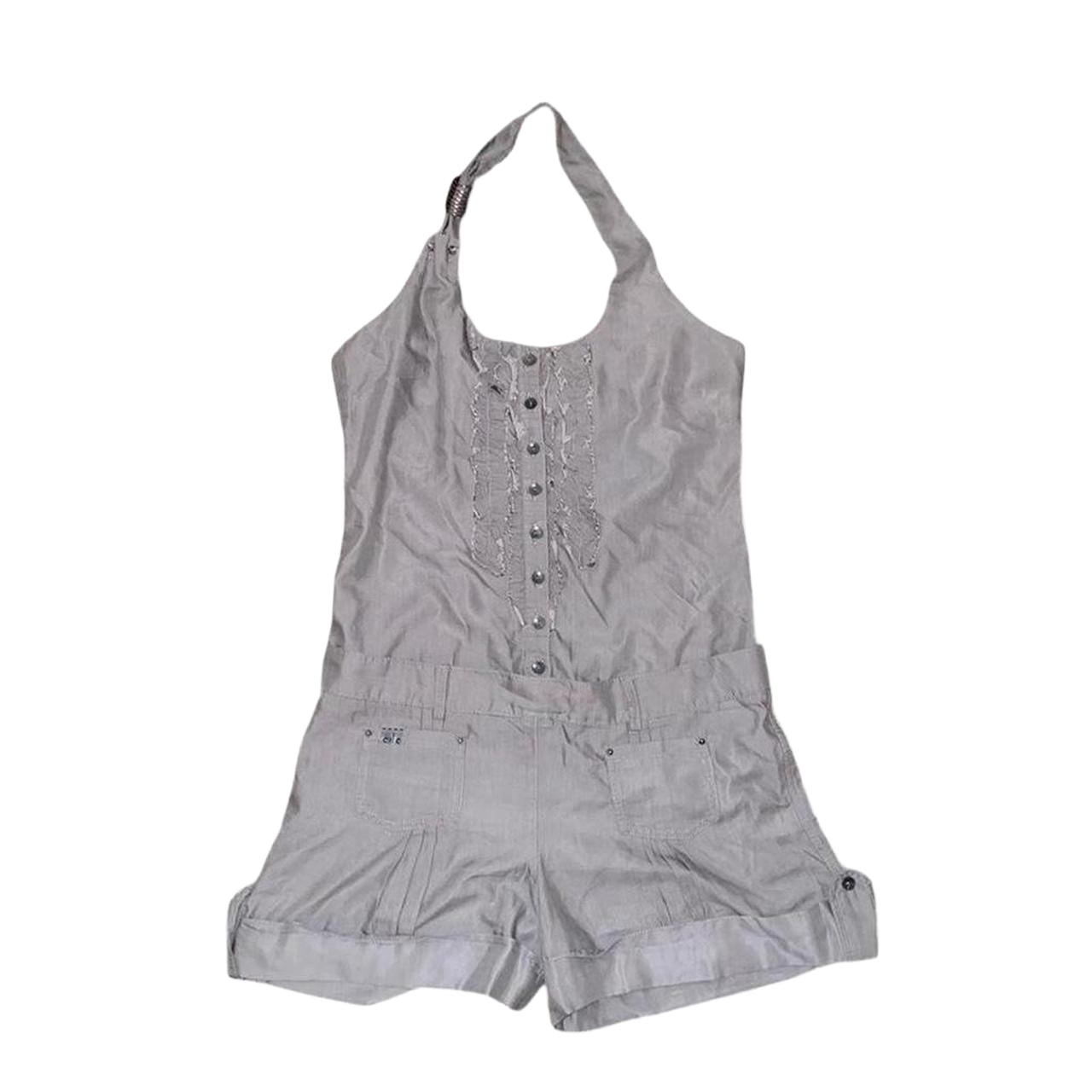 Cop. Copine gray button up ruffle halter neck romper