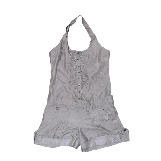 Cop. Copine gray button up ruffle halter neck romper