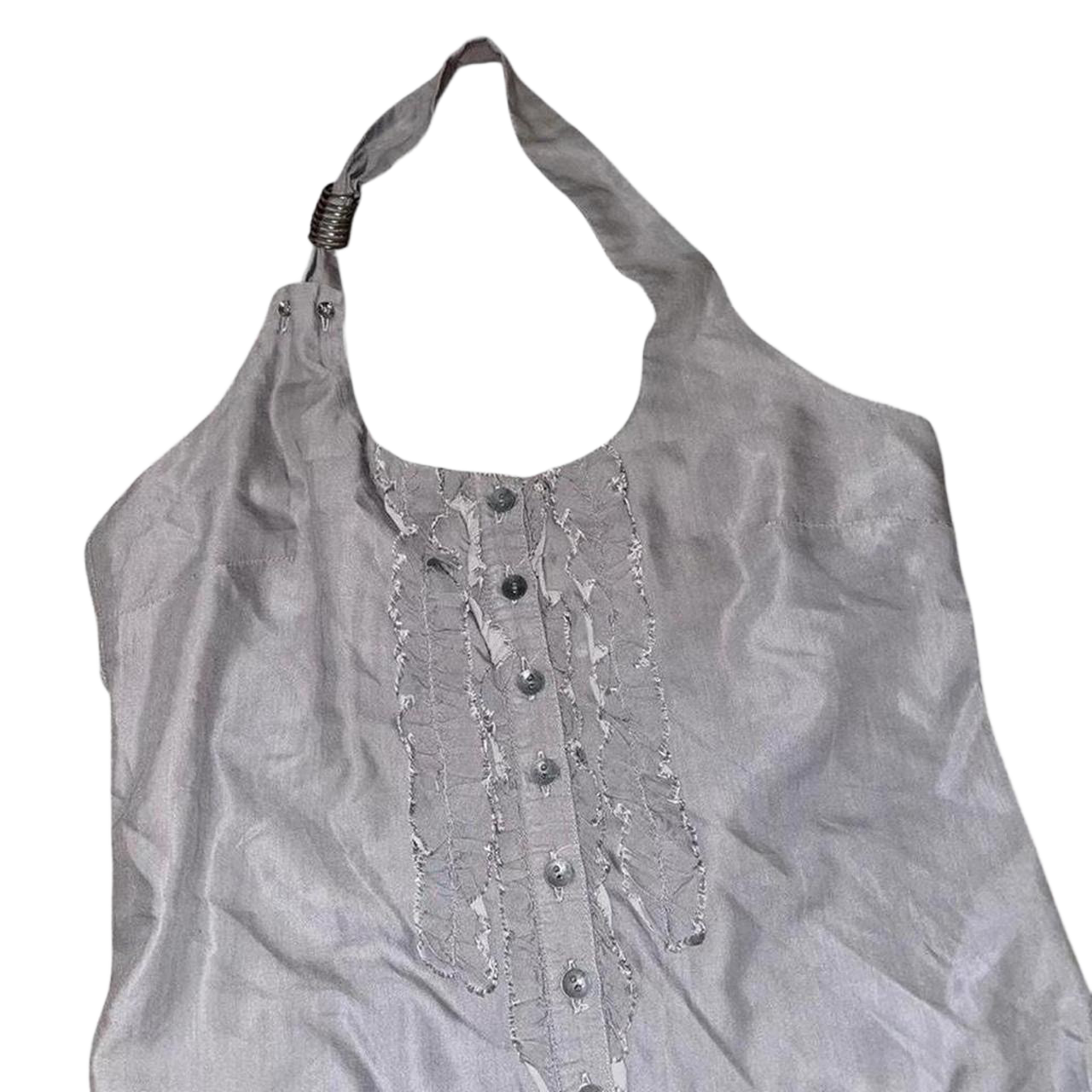 Cop. Copine gray button up ruffle halter neck romper
