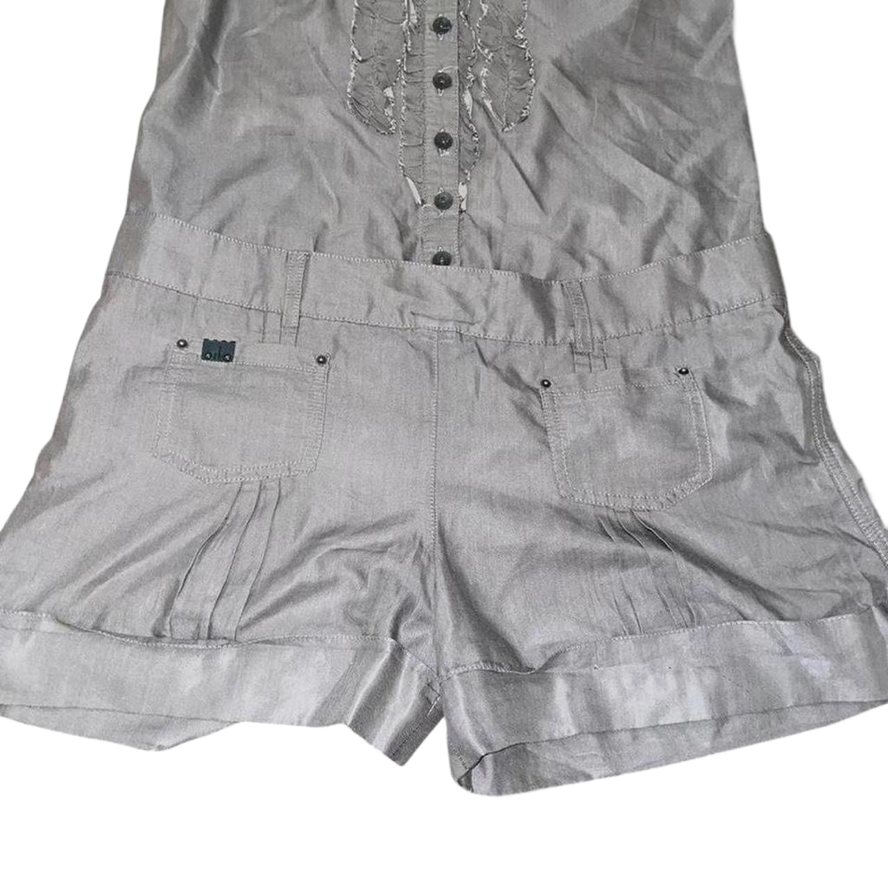 Cop. Copine gray button up ruffle halter neck romper