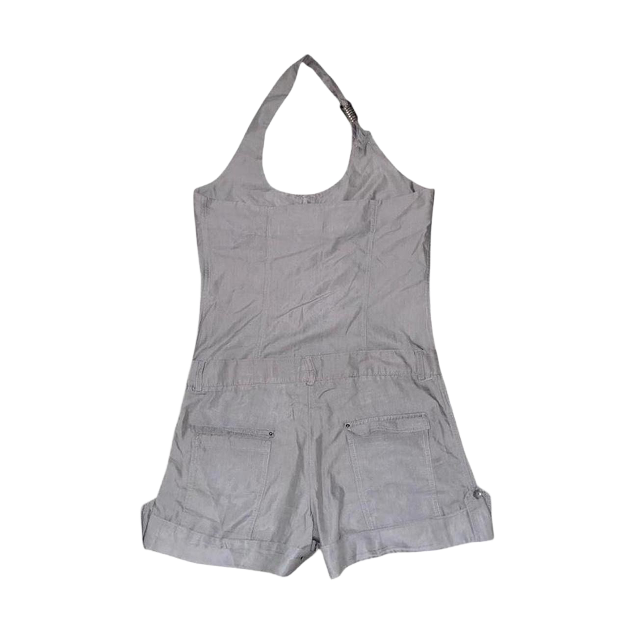 Cop. Copine gray button up ruffle halter neck romper