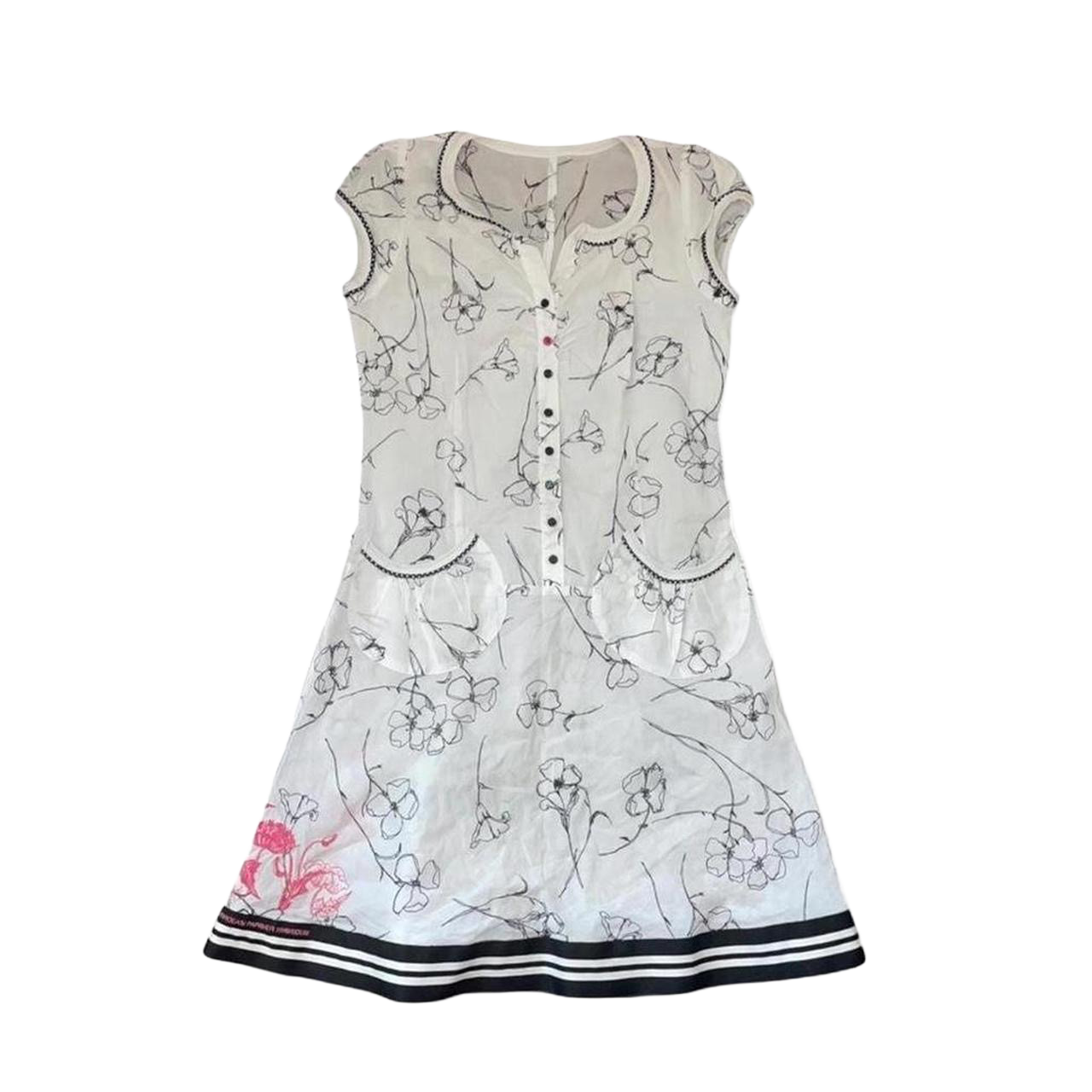 Cop. Copine sheer white floral graphic button up puff sleeve dress