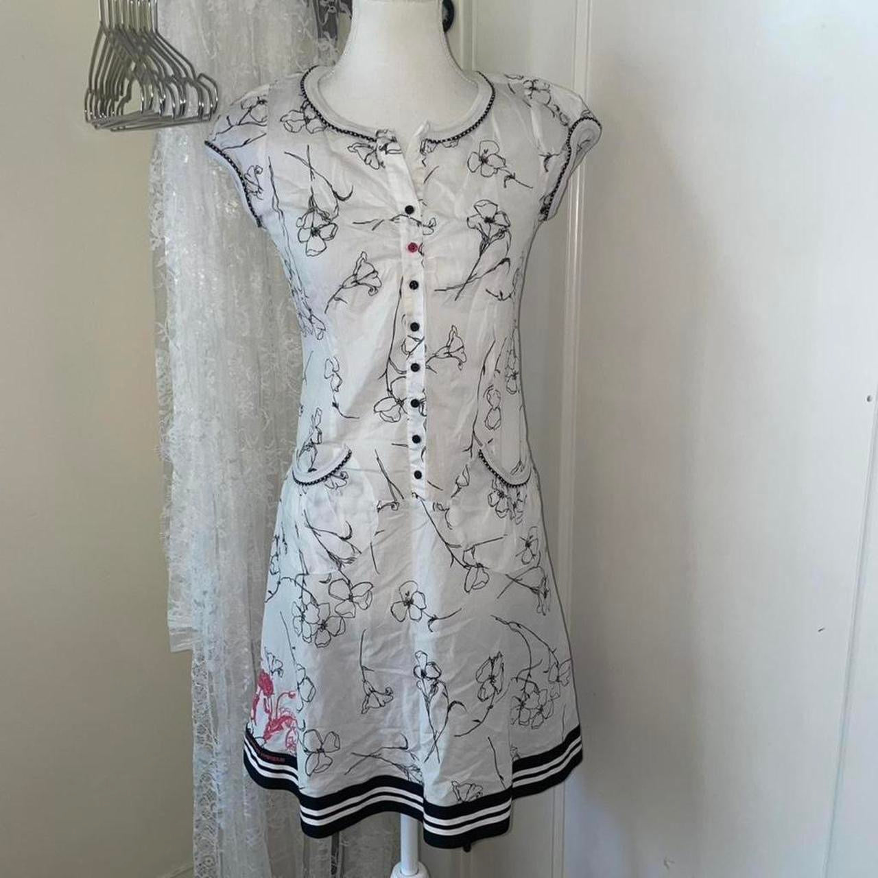 Cop. Copine sheer white floral graphic button up puff sleeve dress