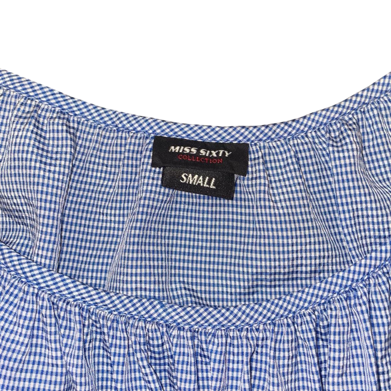 Miss Sixty blue gingham puff sleeve ruffle mini dress | late-2000s