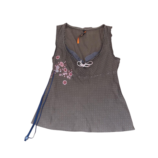 Cop. Copine semi-sheer brown polka dot floral top | early-2000s