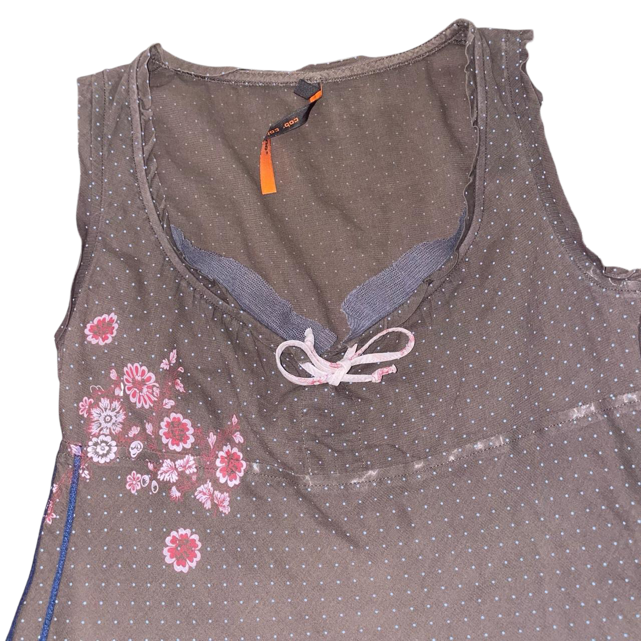 Cop. Copine semi-sheer brown polka dot floral top | early-2000s