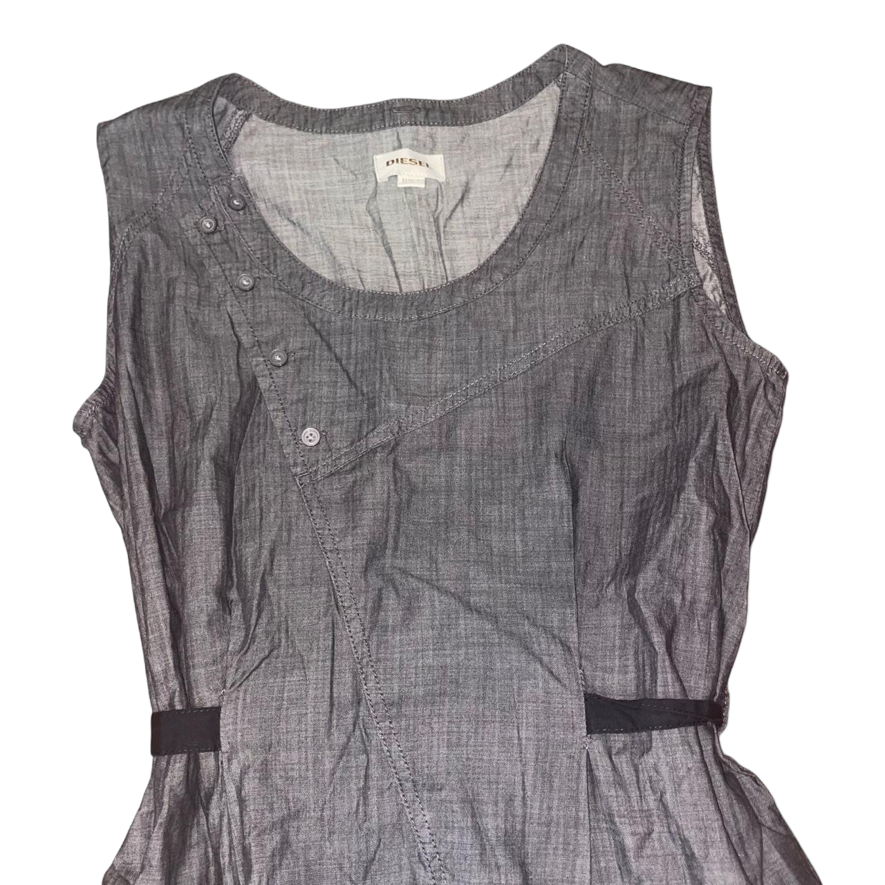 Diesel dark wash utility ruffle midi dress with button detailing | late-2000s