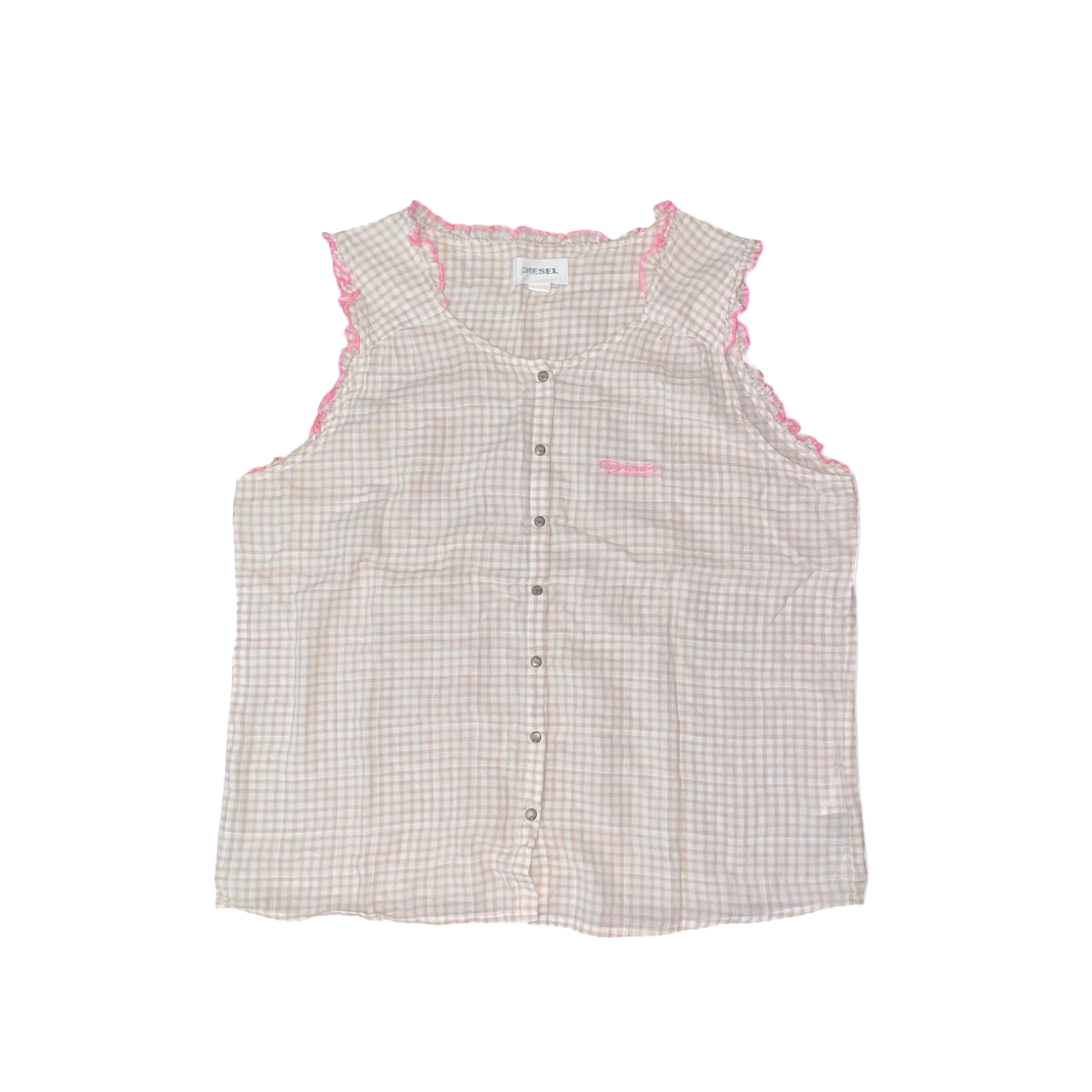 Diesel tan gingham button up top with ruffle trim | mid-2000s