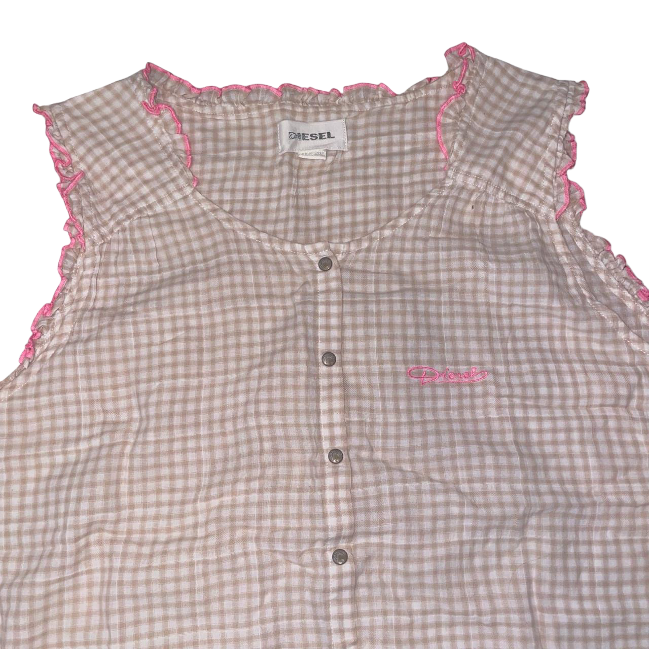 Diesel tan gingham button up top with ruffle trim | mid-2000s