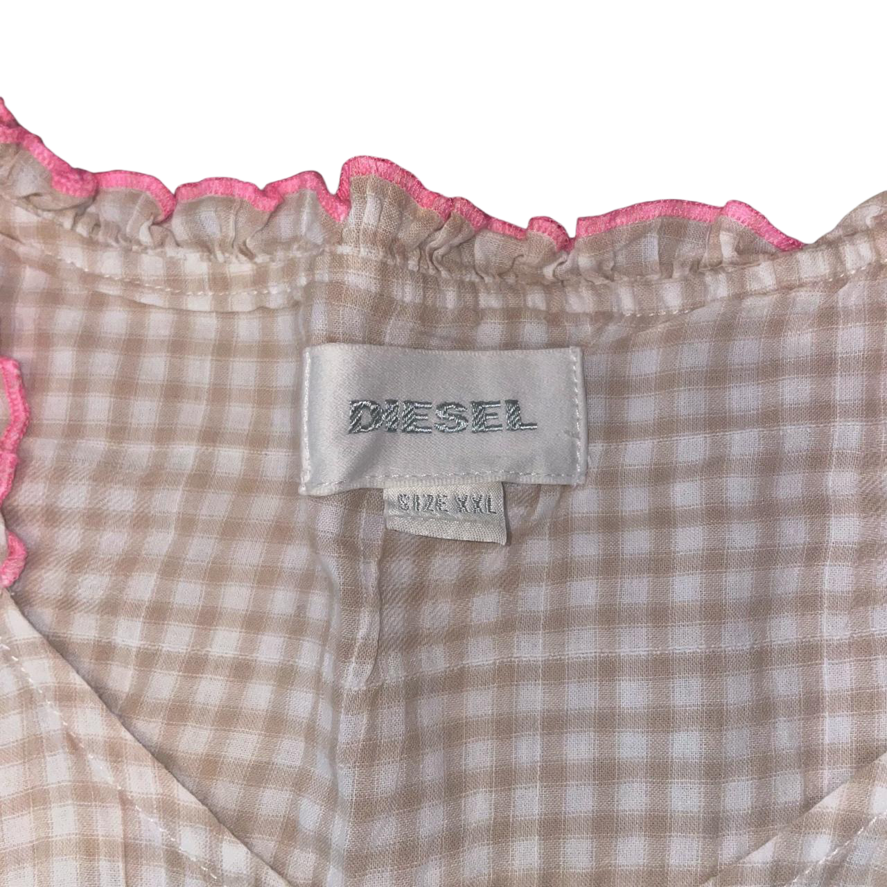 Diesel tan gingham button up top with ruffle trim | mid-2000s