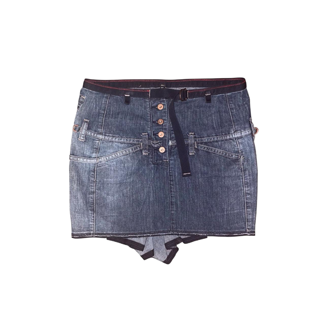 Marithe + Francois Girbaud dark wash denim mini skirt with ruffle detail in back | mid-2000s