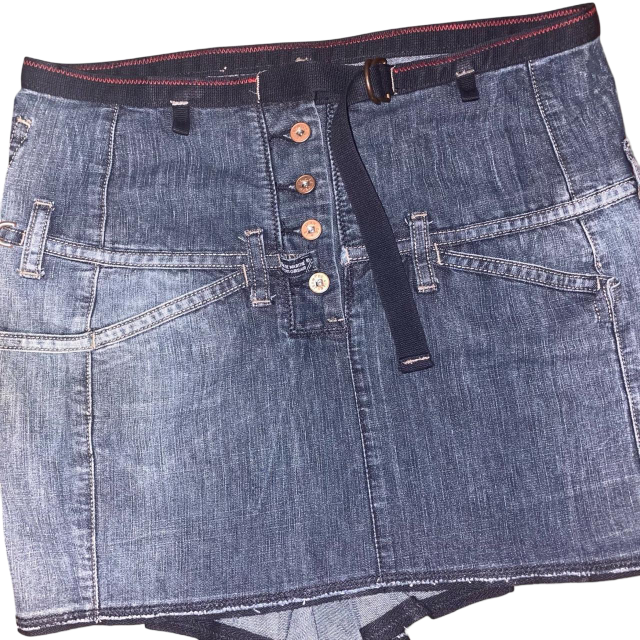 Marithe + Francois Girbaud dark wash denim mini skirt with ruffle detail in back | mid-2000s