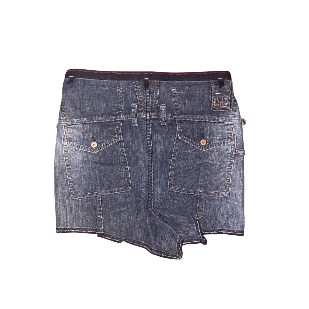 Marithe + Francois Girbaud dark wash denim mini skirt with ruffle detail in back | mid-2000s
